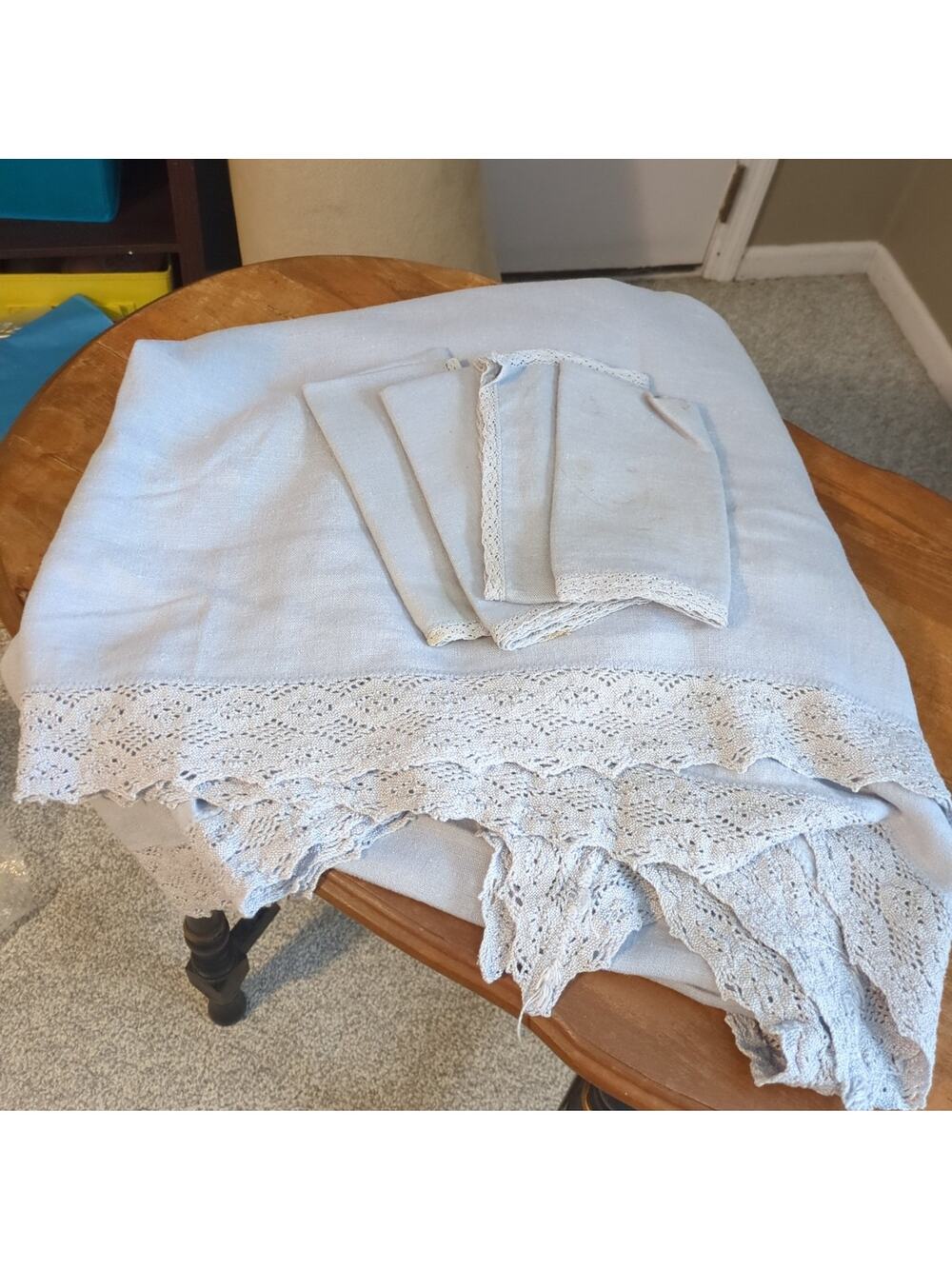 Vintage Blue Gray Linen Tablecloth and 4 Napkins